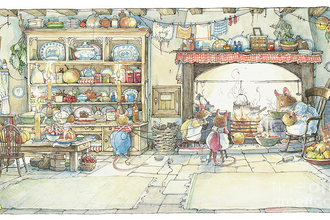 Illustration of mice having a cosy evening around the fire in their cottage