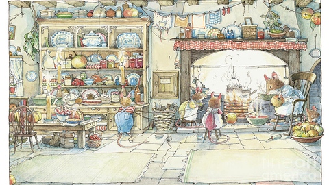 Illustration of mice having a cosy evening around the fire in their cottage