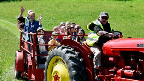 Group on a tractor at Pam's Pools