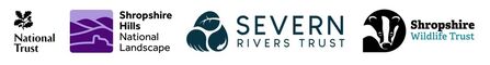 Logos for organisations involved in the Shropshire Hills Landscape Connections project. From left to right: National Trust, Shropshire Hills National Landscape, Severn Rivers Trust, Shropshire Wildlife Trust.
